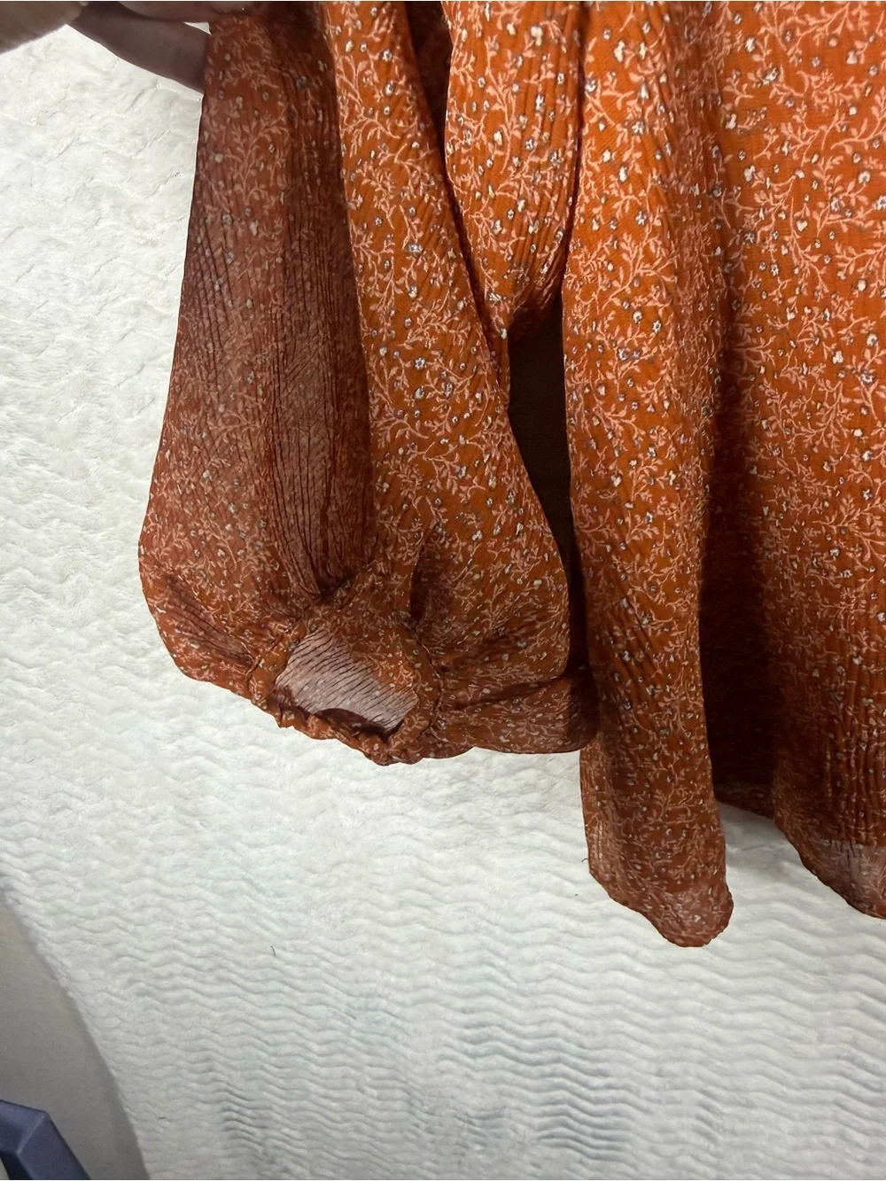 Astr Rust Floral V-Neck Puff Sleeve Blouse. Sheer arms and screams fall 🔥🧡